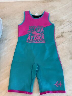 Shark Attack Kids Neoprene Swim Suit - Teal & Pink